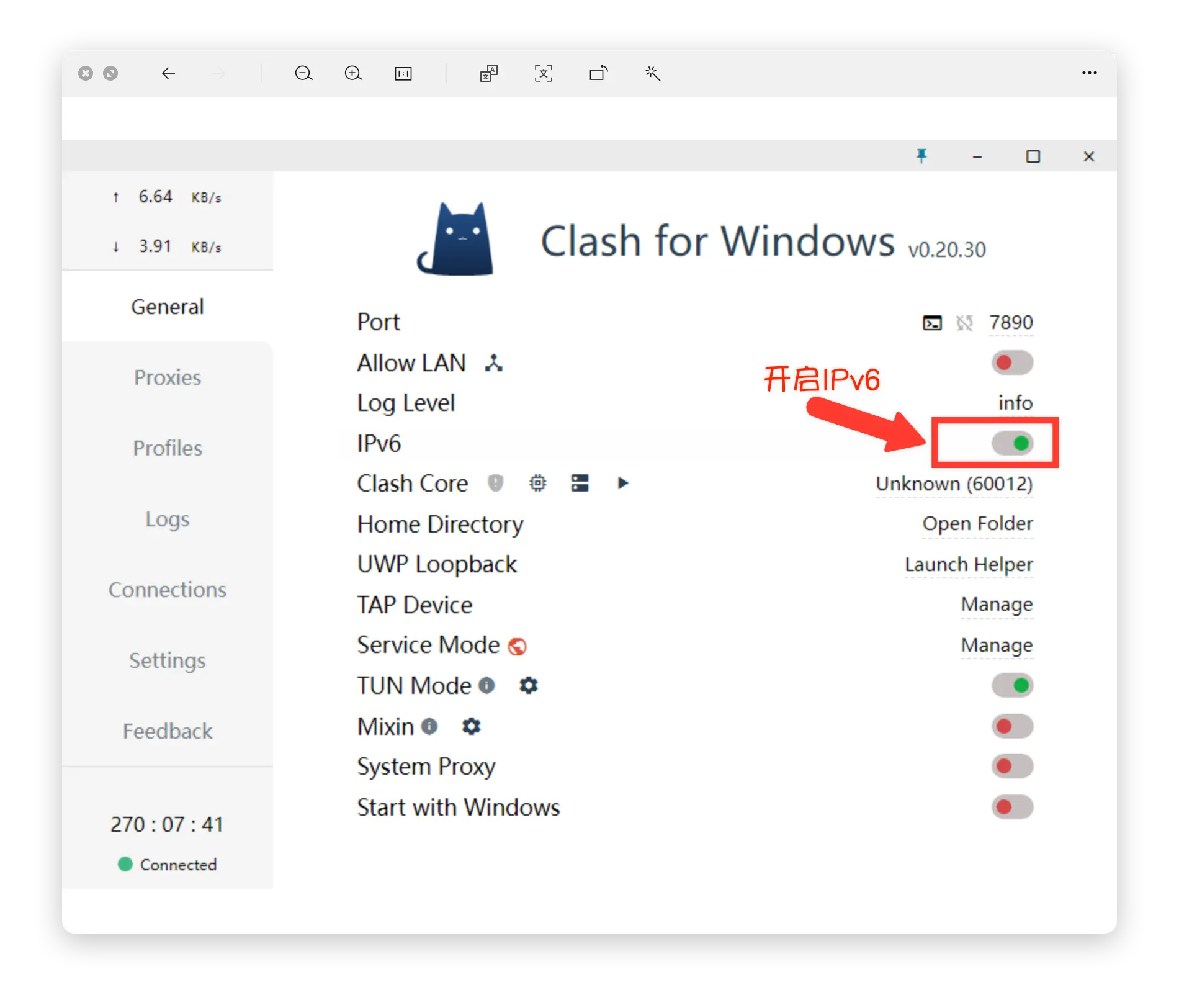 Clash for Windows IPv6 设置 - CFW IPv6 开关配置界面